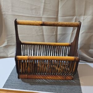Vintage Mid Century Modern Burnt Rattan And Bamboo Magazine Rack